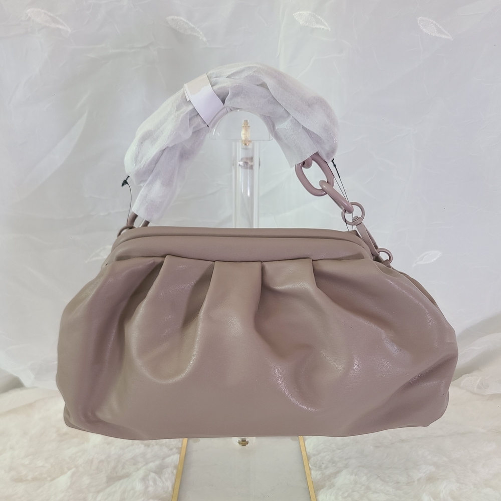 Badgley Mischka Vegan Leather Taupe Pleated Logo Shoulder Bag – NWT - Picture 5 of 10